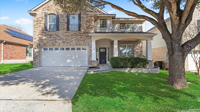 view of front of home featuring central air condition unit, a front lawn, and a garage