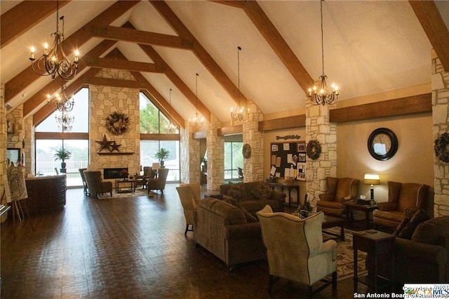 living room featuring a fireplace, high vaulted ceiling, and beamed ceiling