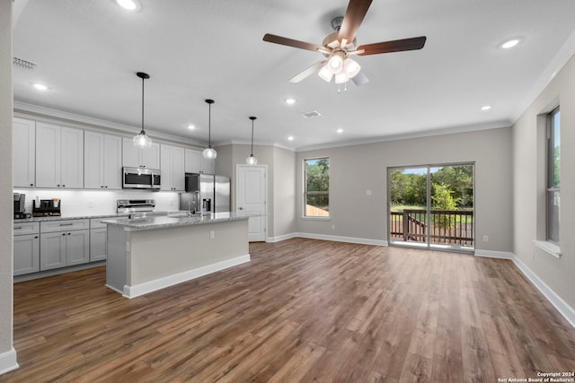 kitchen with a kitchen island with sink, ceiling fan, stainless steel appliances, and hardwood / wood-style flooring