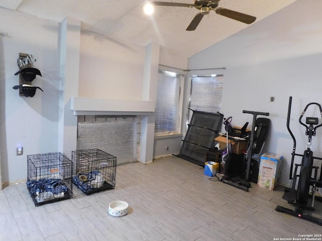 interior space featuring ceiling fan, light hardwood / wood-style flooring, and vaulted ceiling