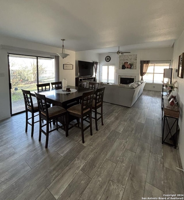 dining room featuring a fireplace, dark hardwood / wood-style flooring, a wealth of natural light, and ceiling fan