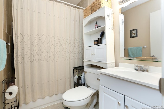 full bathroom with tile patterned flooring, shower / bath combo, vanity, and toilet