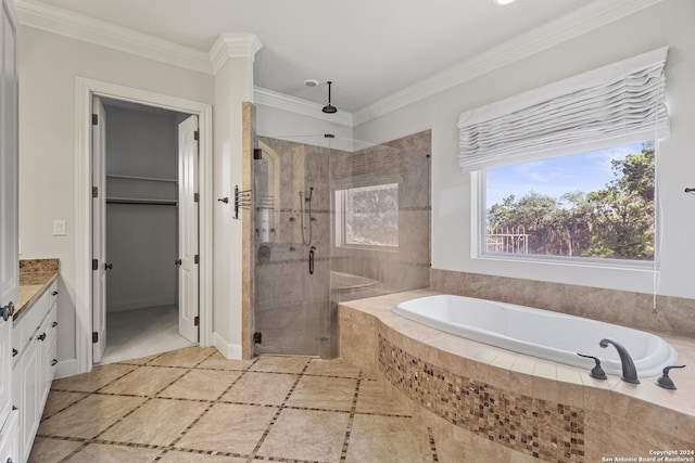 bathroom with vanity, plus walk in shower, and ornamental molding