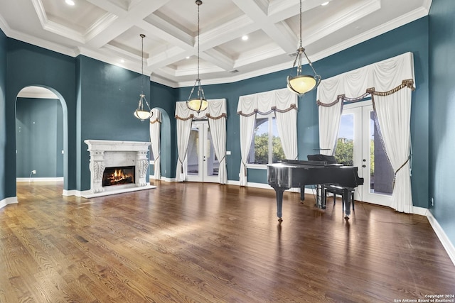 miscellaneous room featuring dark hardwood / wood-style floors, crown molding, and coffered ceiling