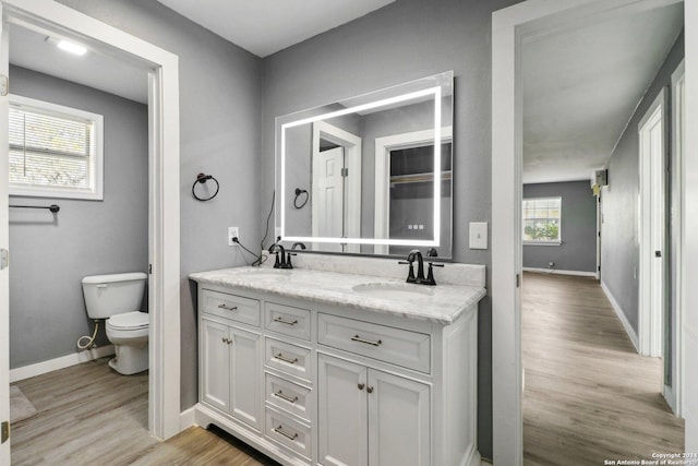 bathroom with hardwood / wood-style flooring, vanity, and toilet