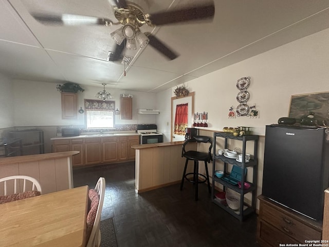 kitchen with dark wood-type flooring, ceiling fan, under cabinet range hood, range with electric stovetop, and a peninsula