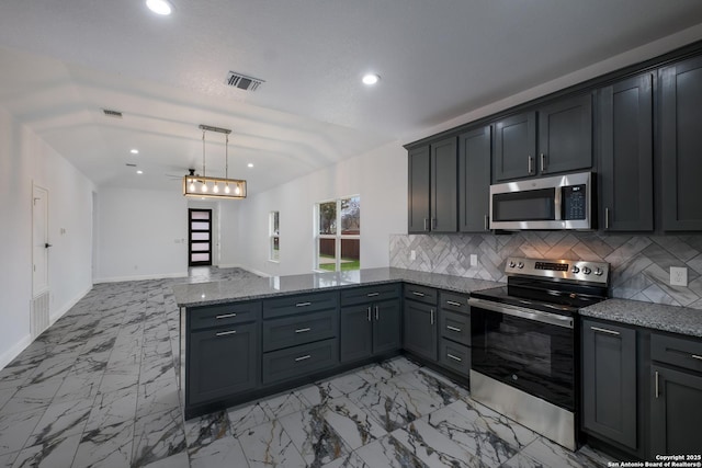 kitchen with gray cabinets, hanging light fixtures, stainless steel appliances, tasteful backsplash, and stone countertops