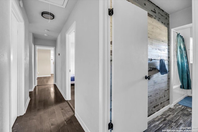 corridor with dark hardwood / wood-style flooring and wooden walls