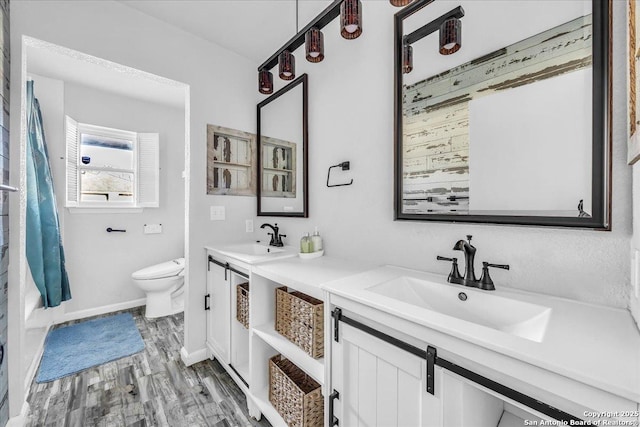 bathroom with hardwood / wood-style flooring, vanity, and toilet