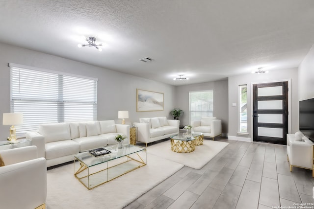 living room featuring light wood-type flooring and a textured ceiling