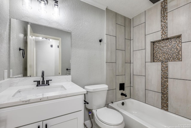 full bathroom with a textured ceiling, vanity, bathtub / shower combination, and toilet