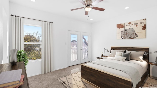 bedroom featuring light carpet, french doors, access to outside, ceiling fan, and multiple windows