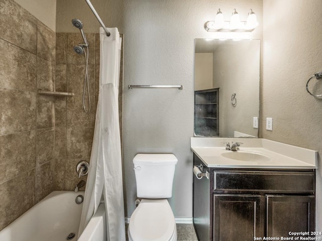 full bathroom featuring shower / bath combo with shower curtain, vanity, and toilet