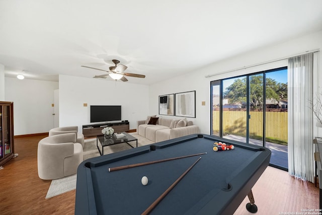 game room with hardwood / wood-style flooring, ceiling fan, and billiards