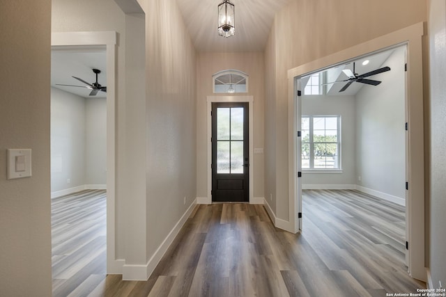 foyer featuring ceiling fan and hardwood / wood-style flooring