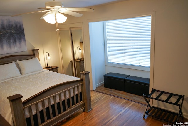 bedroom featuring ceiling fan and dark wood-type flooring