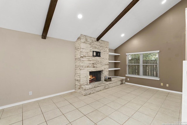 unfurnished living room with built in shelves, light tile patterned floors, beam ceiling, high vaulted ceiling, and a fireplace