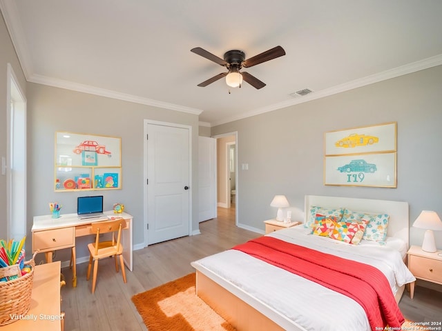 bedroom with ceiling fan, light hardwood / wood-style floors, and ornamental molding