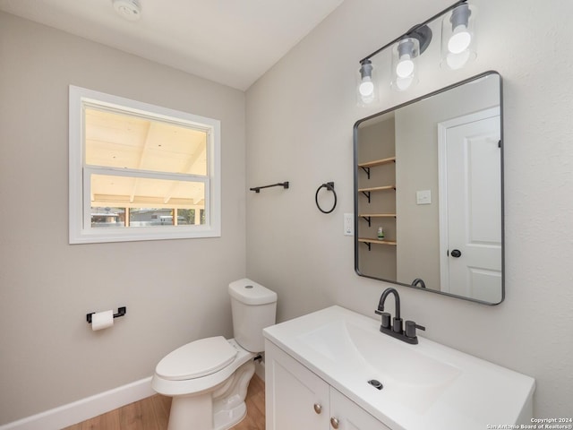 bathroom with vanity, toilet, and wood-type flooring