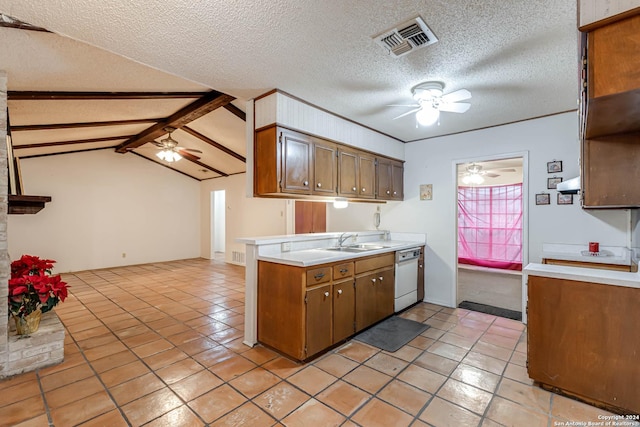 kitchen with white dishwasher, lofted ceiling with beams, sink, a textured ceiling, and kitchen peninsula