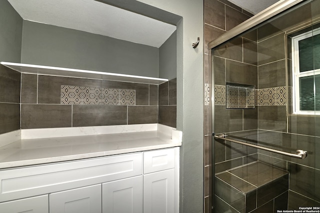 bathroom featuring a shower with shower door