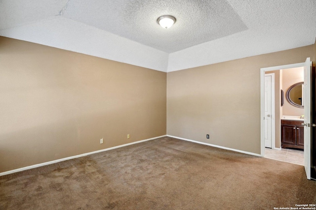 carpeted spare room featuring a raised ceiling and lofted ceiling