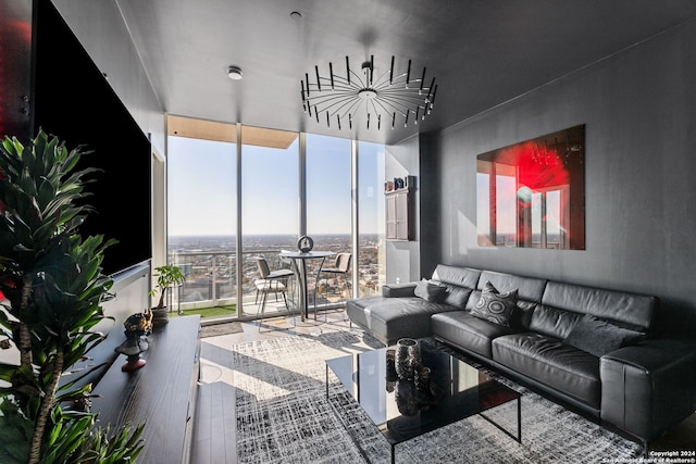 living room featuring a wall of windows