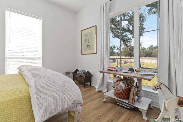 bedroom featuring light hardwood / wood-style floors and multiple windows