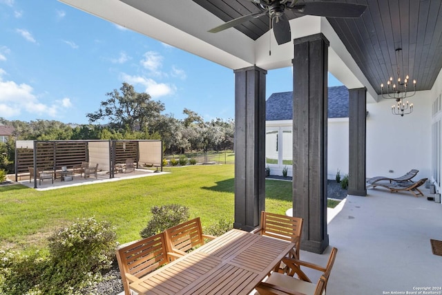 exterior space featuring ceiling fan