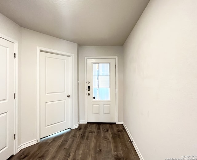 doorway with dark wood-type flooring