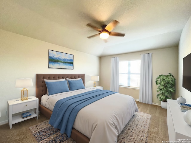 carpeted bedroom with a textured ceiling, ceiling fan, and lofted ceiling