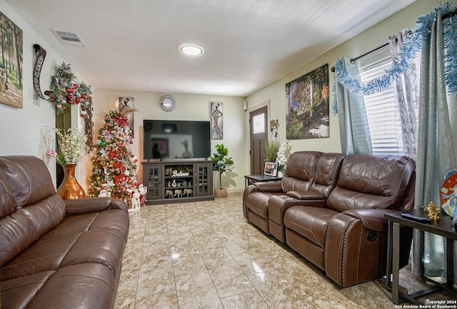 living room featuring a textured ceiling