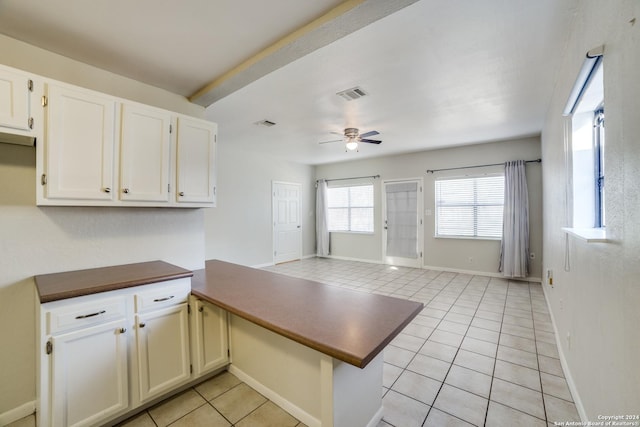 kitchen with kitchen peninsula, white cabinetry, ceiling fan, and light tile patterned flooring