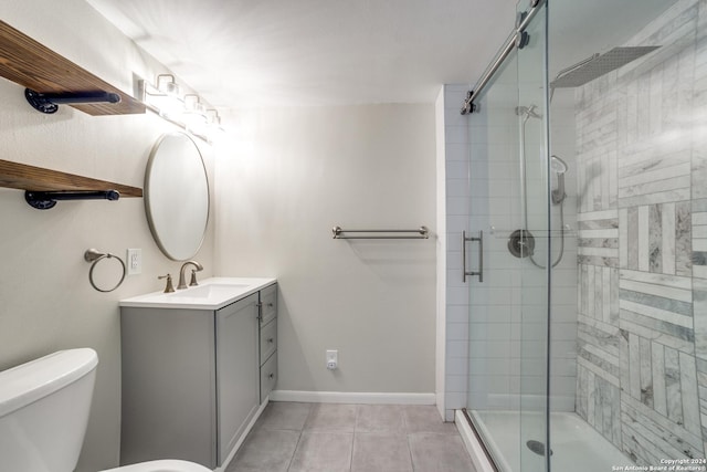 bathroom featuring tile patterned flooring, vanity, an enclosed shower, and toilet