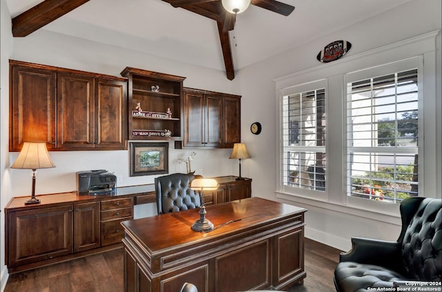 office featuring beamed ceiling, dark hardwood / wood-style flooring, and ceiling fan