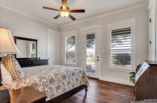 bedroom with ceiling fan, dark hardwood / wood-style floors, access to exterior, and crown molding