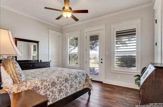 769 Pacific Pl, Spring Branch, TX 78070 - bedroom with access to outside, dark wood-style flooring, crown molding, and ceiling fan