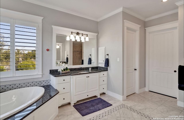 bathroom with vanity, ornamental molding, and a tub to relax in