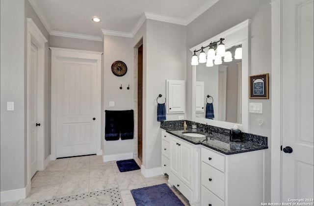769 Pacific Pl, Spring Branch, TX 78070 - bathroom featuring vanity, crown molding, marble look tile flooring, and recessed lighting