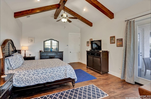 bedroom with beamed ceiling, hardwood / wood-style flooring, high vaulted ceiling, and ceiling fan