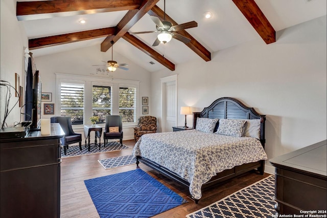 bedroom with vaulted ceiling with beams, ceiling fan, and wood-type flooring