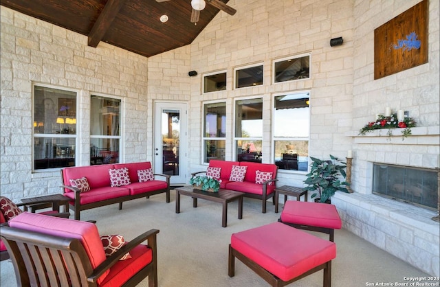 769 Pacific Pl, Spring Branch, TX 78070 - view of patio / terrace with an outdoor living space with a fireplace and a ceiling fan