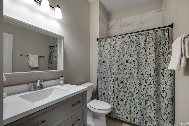403 Queen Anne Ct, San Antonio, TX 78209 - bathroom featuring toilet, curtained shower, and vanity