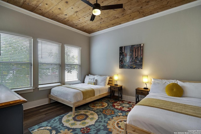 403 Queen Anne Ct, San Antonio, TX 78209 - bedroom featuring crown molding, ceiling fan, wood finished floors, wooden ceiling, and baseboards
