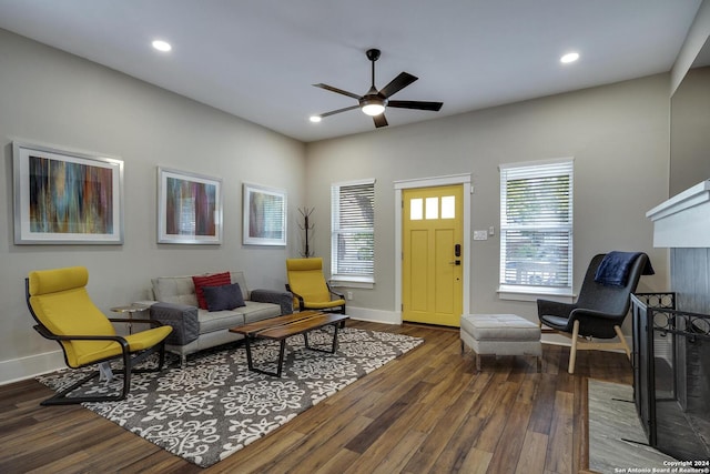 403 Queen Anne Ct, San Antonio, TX 78209 - living area with a ceiling fan, baseboards, wood finished floors, and recessed lighting