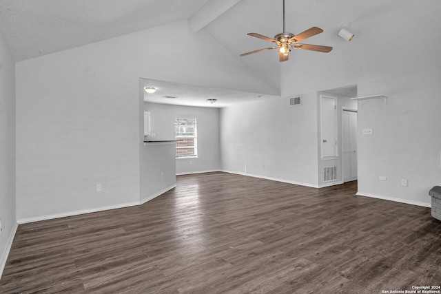 unfurnished living room featuring ceiling fan, dark wood-type flooring, lofted ceiling with beams, and a textured ceiling