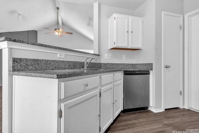 kitchen with white cabinetry, dishwasher, ceiling fan, a textured ceiling, and lofted ceiling