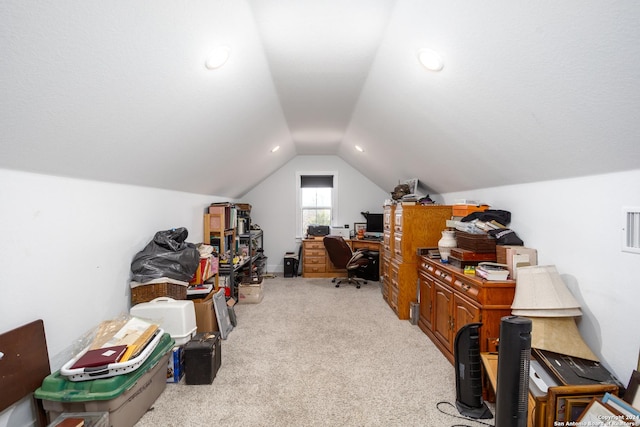 office featuring light colored carpet and lofted ceiling