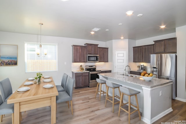 kitchen with backsplash, a kitchen island with sink, sink, light stone countertops, and stainless steel appliances