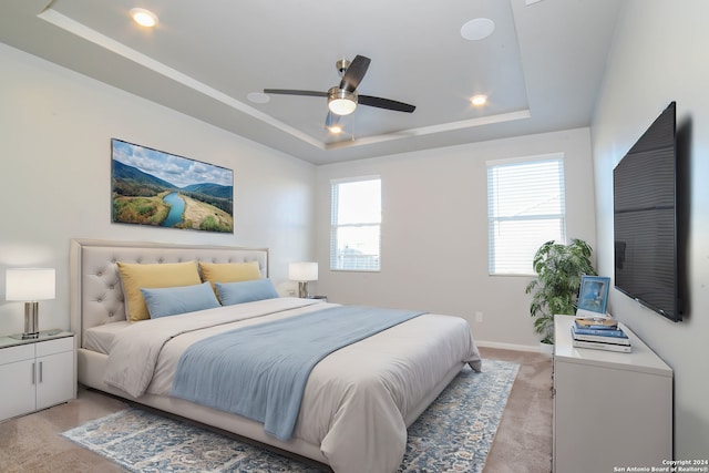 bedroom with a raised ceiling and ceiling fan